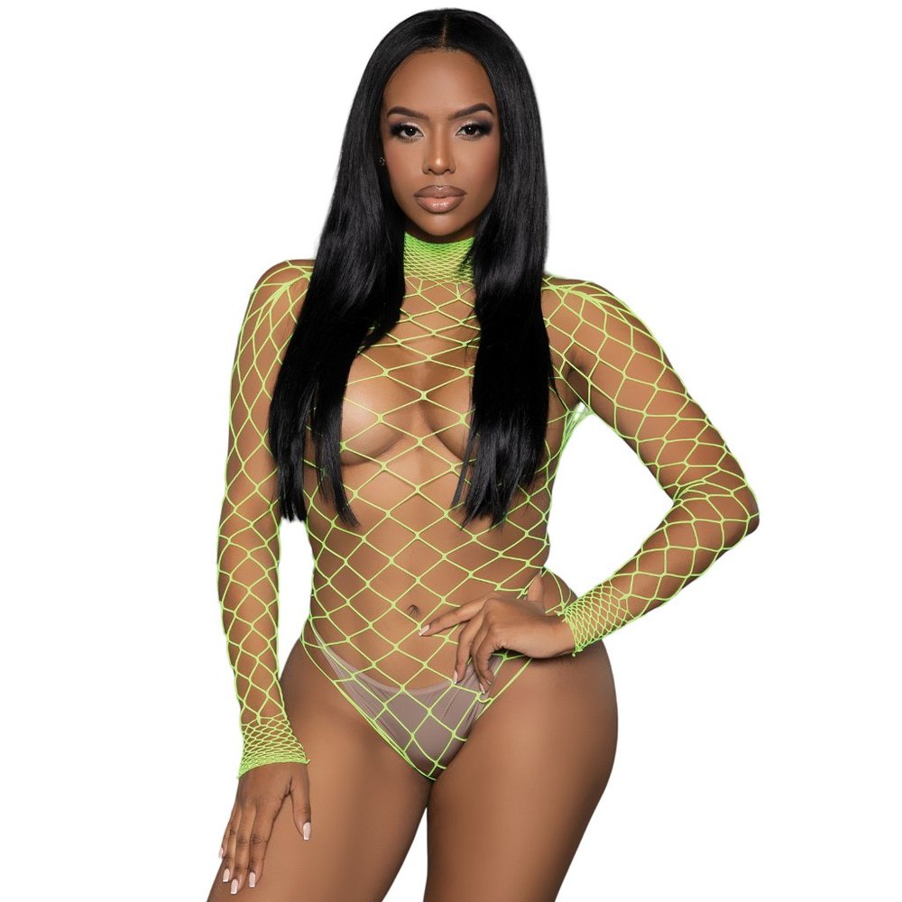 Fence Net Bodysuit with Long Sleeves - Neon Green